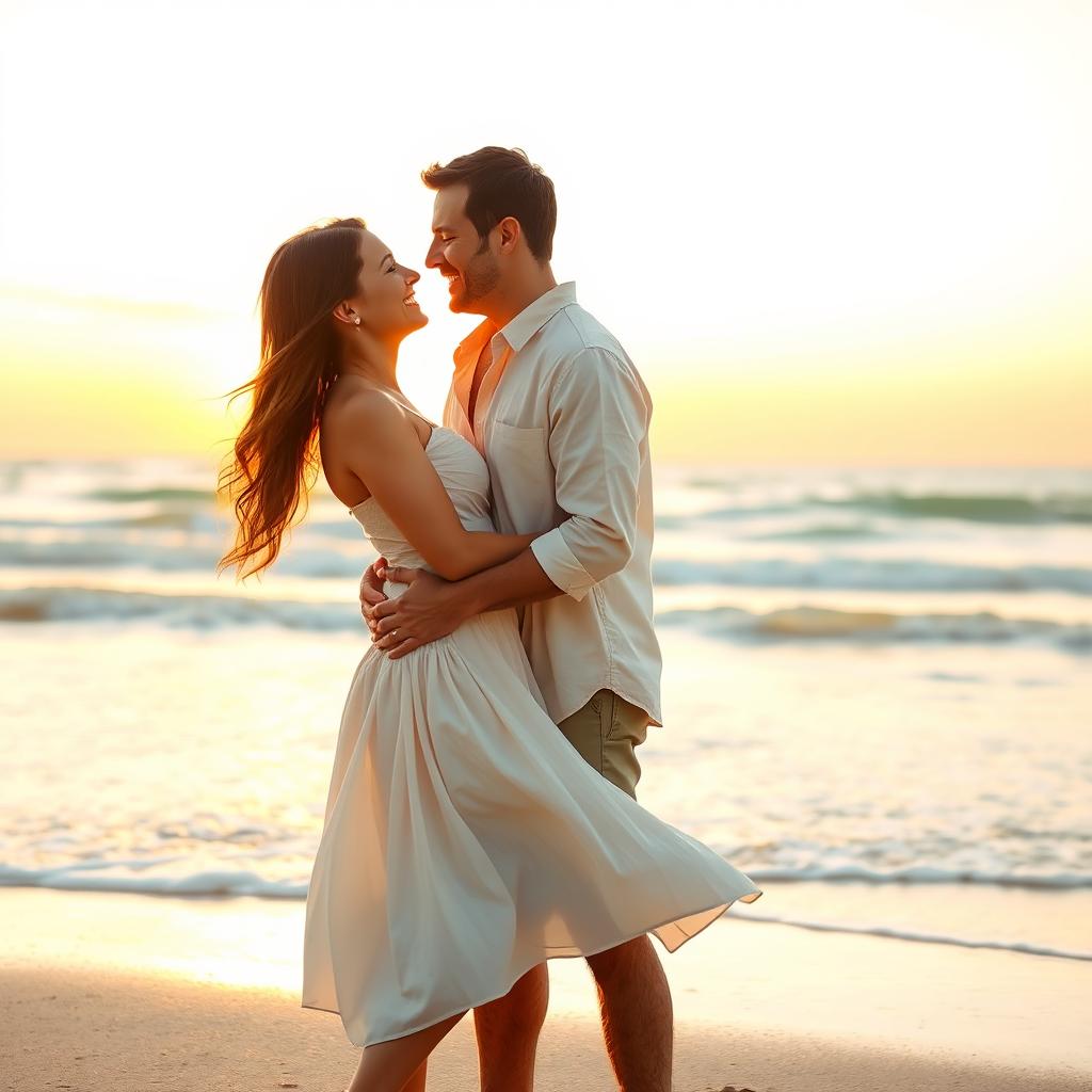 A romantic scene featuring two people standing close together, holding each other's waist