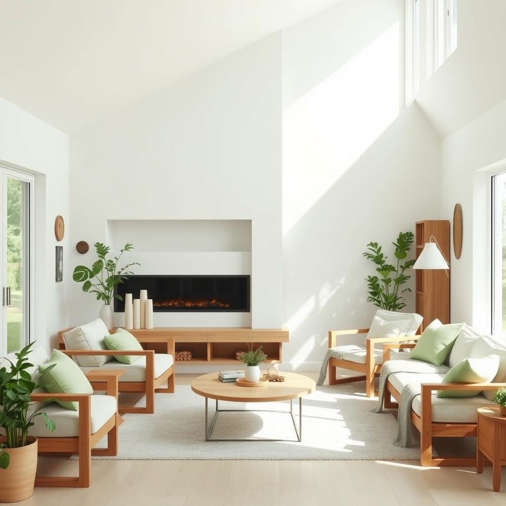An 80-square-meter home interior, beautifully decorated with a light green theme featuring wooden furniture