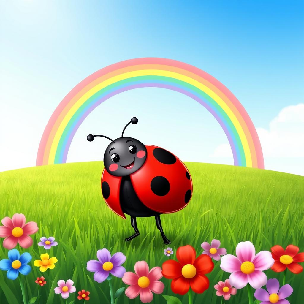 A vibrant cartoon ladybug standing cheerfully in a grassy field, with its signature red and black spotted shell