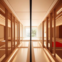 Cross-section of a Japandi minimalist interior with perfect symmetry. The style should have an ultra-detailed architecture touch with a conceptual avant-garde editorial perspective