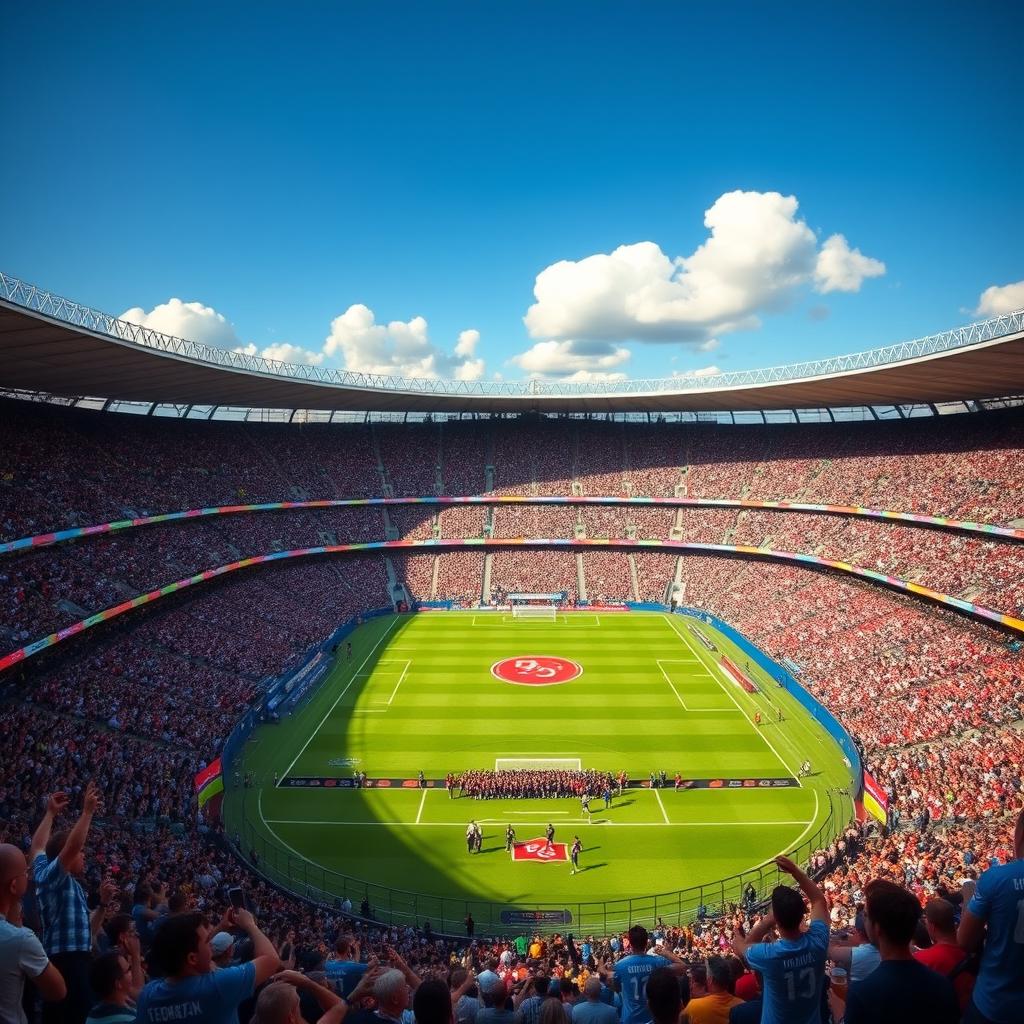 A vast and grand stadium filled with enthusiastic fans