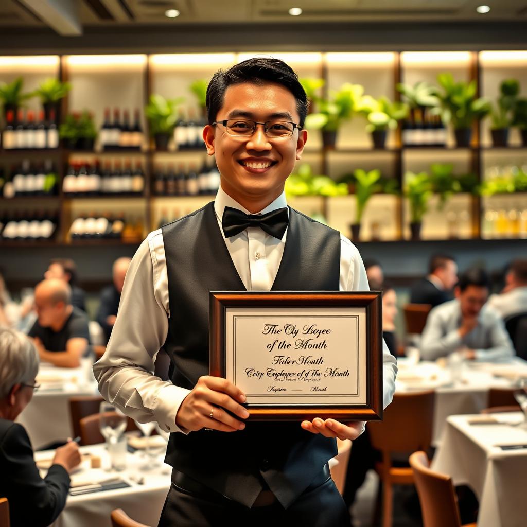 A proud waiter standing in a bustling restaurant, holding a framed 'Employee of the Month' award with a big smile on their face