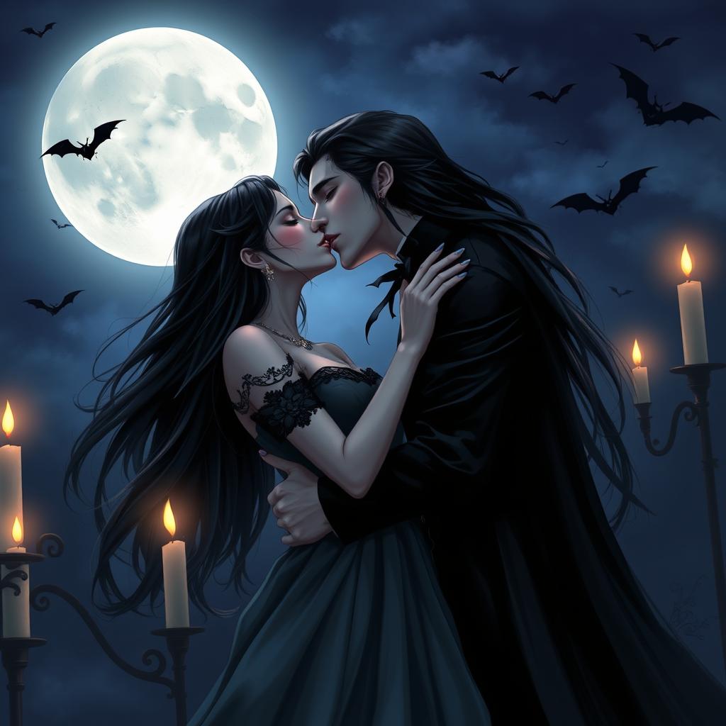 A romantic scene depicting a vampire male character with long flowing black hair, dressed in an elegant dark attire, leaning in to passionately kiss a lady with long black hair, wearing a beautiful gothic dress