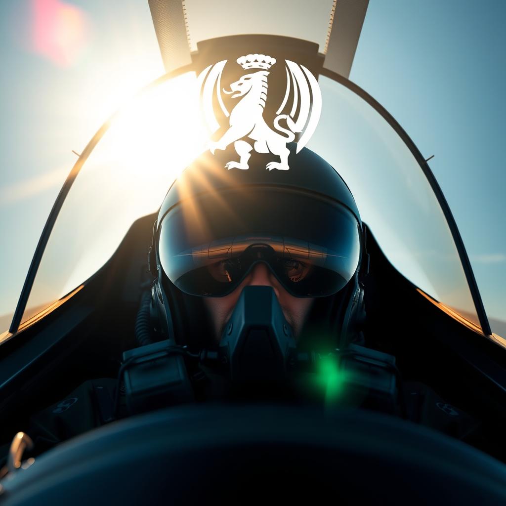 An Iranian war pilot in a modern cockpit, intensely focused as he flies an advanced fighter jet