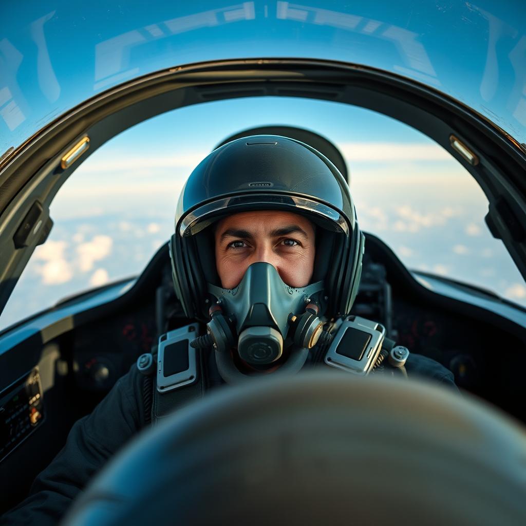 An Iranian combat pilot seated in a modern fighter jet cockpit, fully equipped with a realistic flight helmet and oxygen mask
