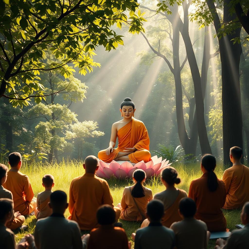 A serene and enlightening scene depicting the Buddha, dressed in traditional orange robes, delivering a profound sermon in a lush forest