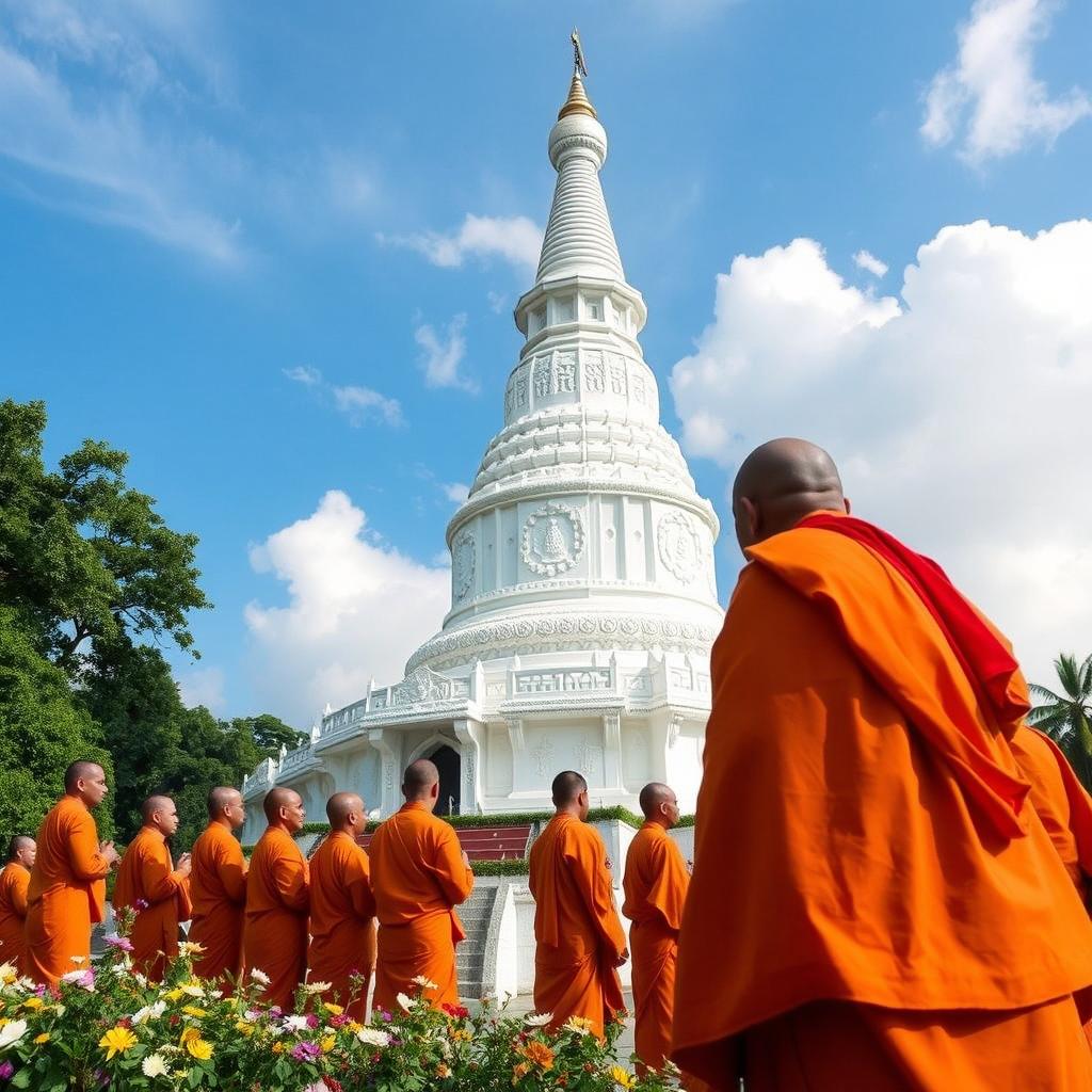 A dignified scene featuring a group of monks in traditional orange robes, gazing reverently at a stunning white stupa (chaitya) adorned with intricate carvings