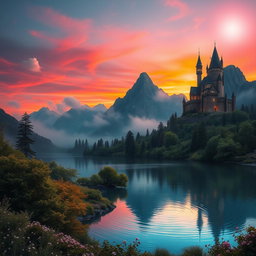 A stunningly beautiful fantasy landscape featuring a vibrant sunset casting warm hues of orange and pink across the sky