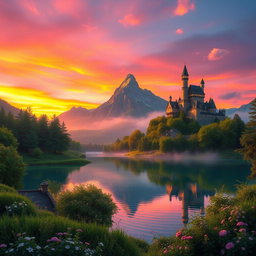 A stunningly beautiful fantasy landscape featuring a vibrant sunset casting warm hues of orange and pink across the sky