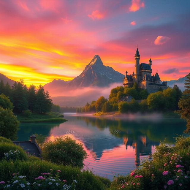 A stunningly beautiful fantasy landscape featuring a vibrant sunset casting warm hues of orange and pink across the sky