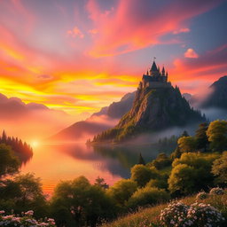 A stunningly beautiful fantasy landscape featuring a vibrant sunset casting warm hues of orange and pink across the sky