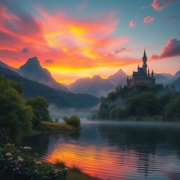 A stunningly beautiful fantasy landscape featuring a vibrant sunset casting warm hues of orange and pink across the sky