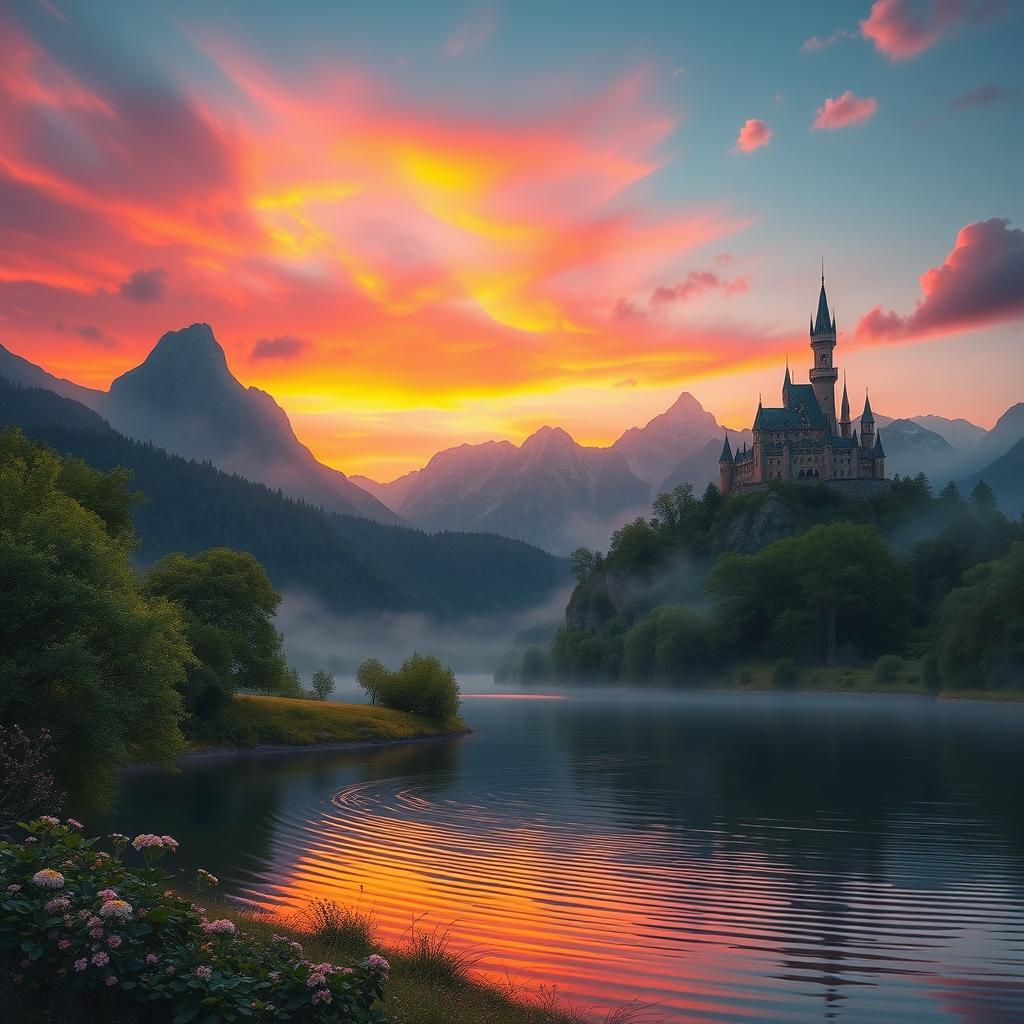 A stunningly beautiful fantasy landscape featuring a vibrant sunset casting warm hues of orange and pink across the sky