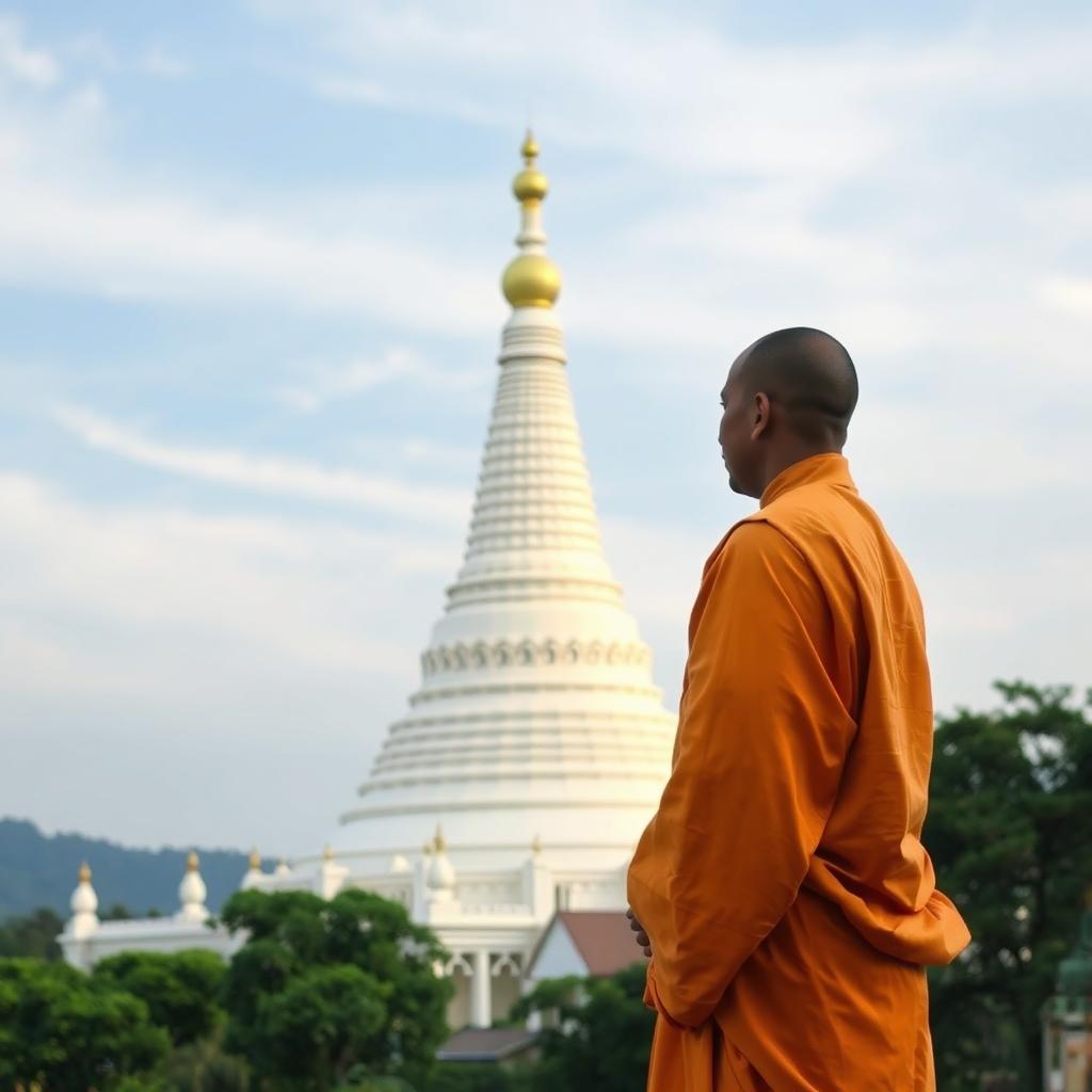 A tranquil scene depicting a solitary monk in traditional orange robes, standing in reverence and contemplation as he gazes at the majestic white Ruwanwelisaya stupa