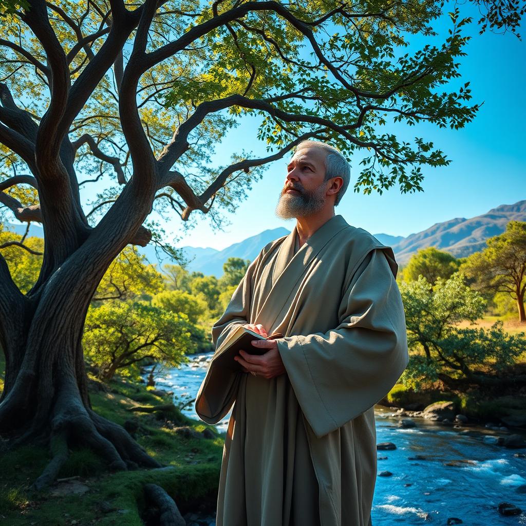 A wise man standing thoughtfully in a serene landscape, surrounded by ancient trees and a gentle stream