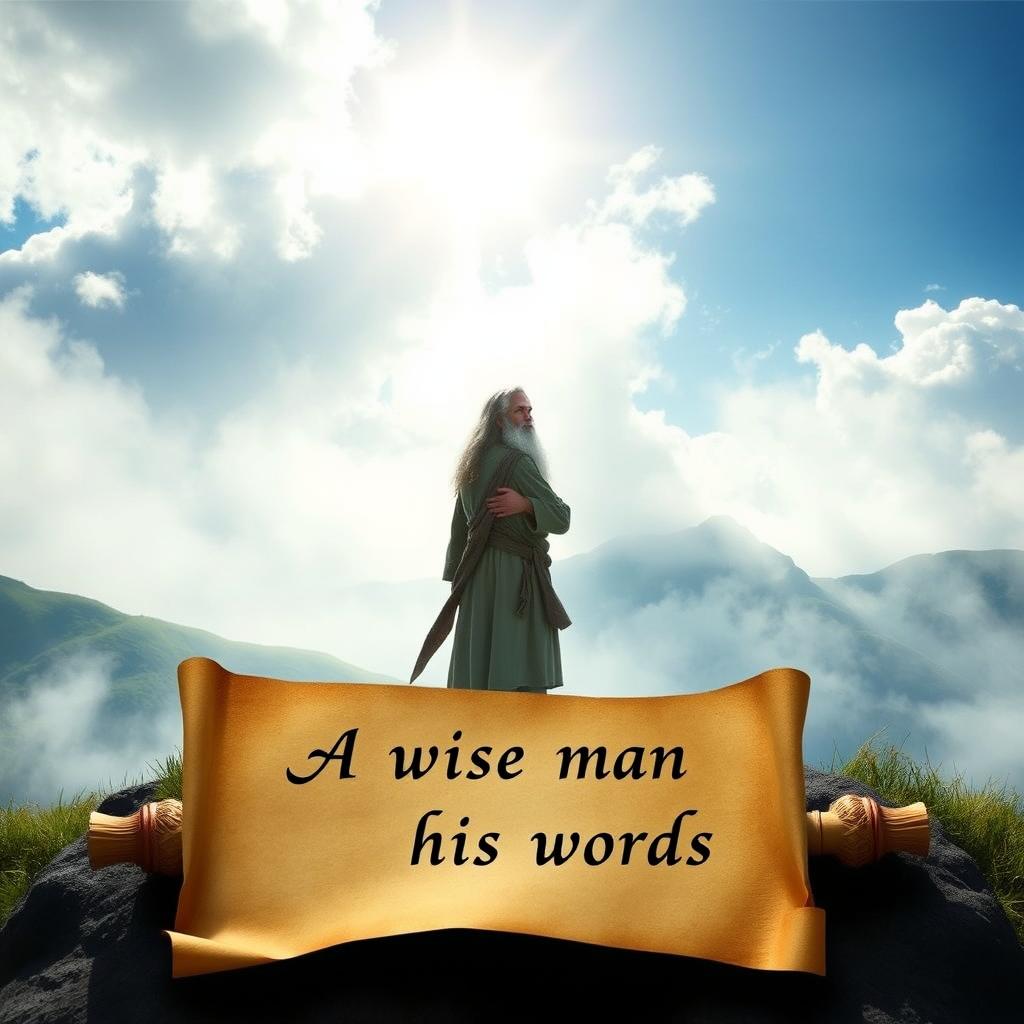 A philosophical scene depicting a wise man standing on a mountainside, enveloped by mist, gazing thoughtfully into the distance