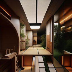 A cross-section photograph of an ultra-detailed, ultra-minimalist Japandi style interior in an editorial context