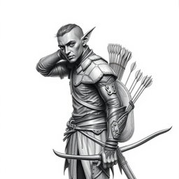 A captivating black and white drawing of a tall classical elf with dark skin, characterized by elegant features and pointed ears