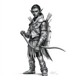 A captivating black and white drawing of a tall classical elf with dark skin, characterized by elegant features and pointed ears
