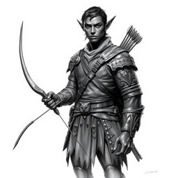 A captivating black and white drawing of a tall classical elf with dark skin, characterized by elegant features and pointed ears