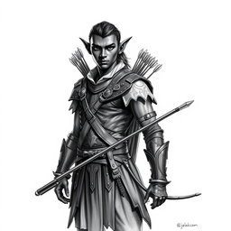 A captivating black and white drawing of a tall classical elf with dark skin, characterized by elegant features and pointed ears