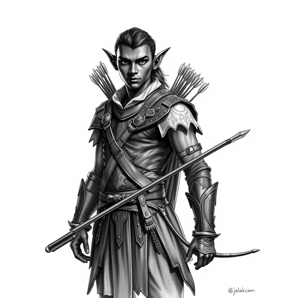 A captivating black and white drawing of a tall classical elf with dark skin, characterized by elegant features and pointed ears