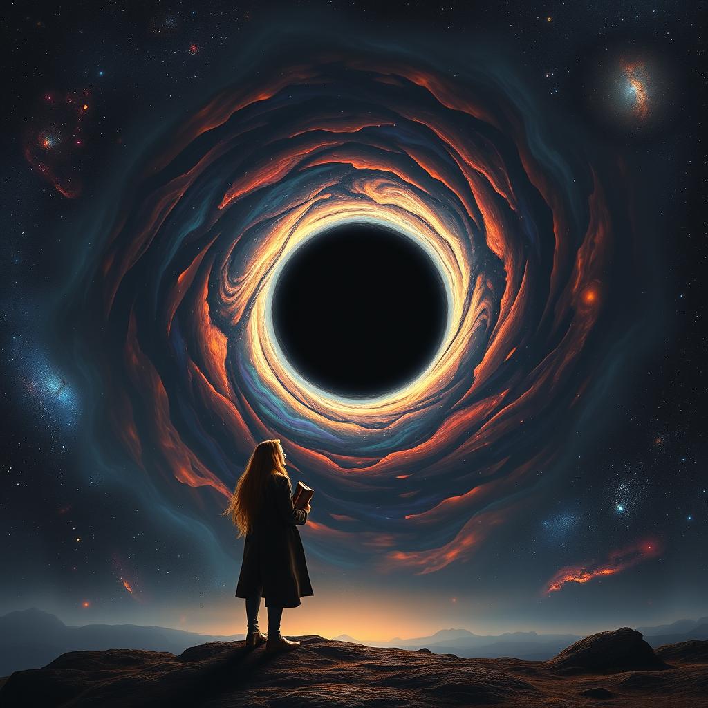 A contemplative poet standing in front of a massive black hole, with swirling cosmic colors radiating around it