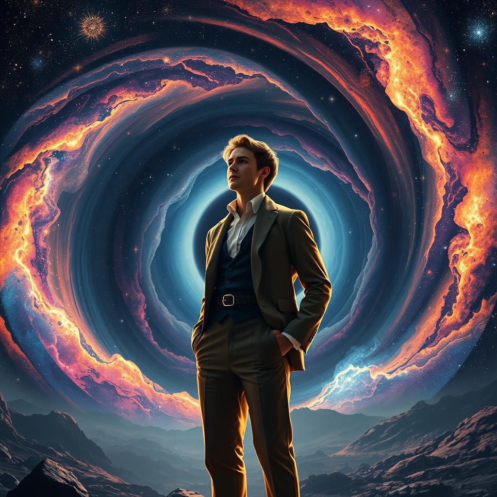 A captivating image of a poet standing confidently in front of a dramatic depiction of a black hole, with swirling galaxies and vibrant cosmic colors swirling around