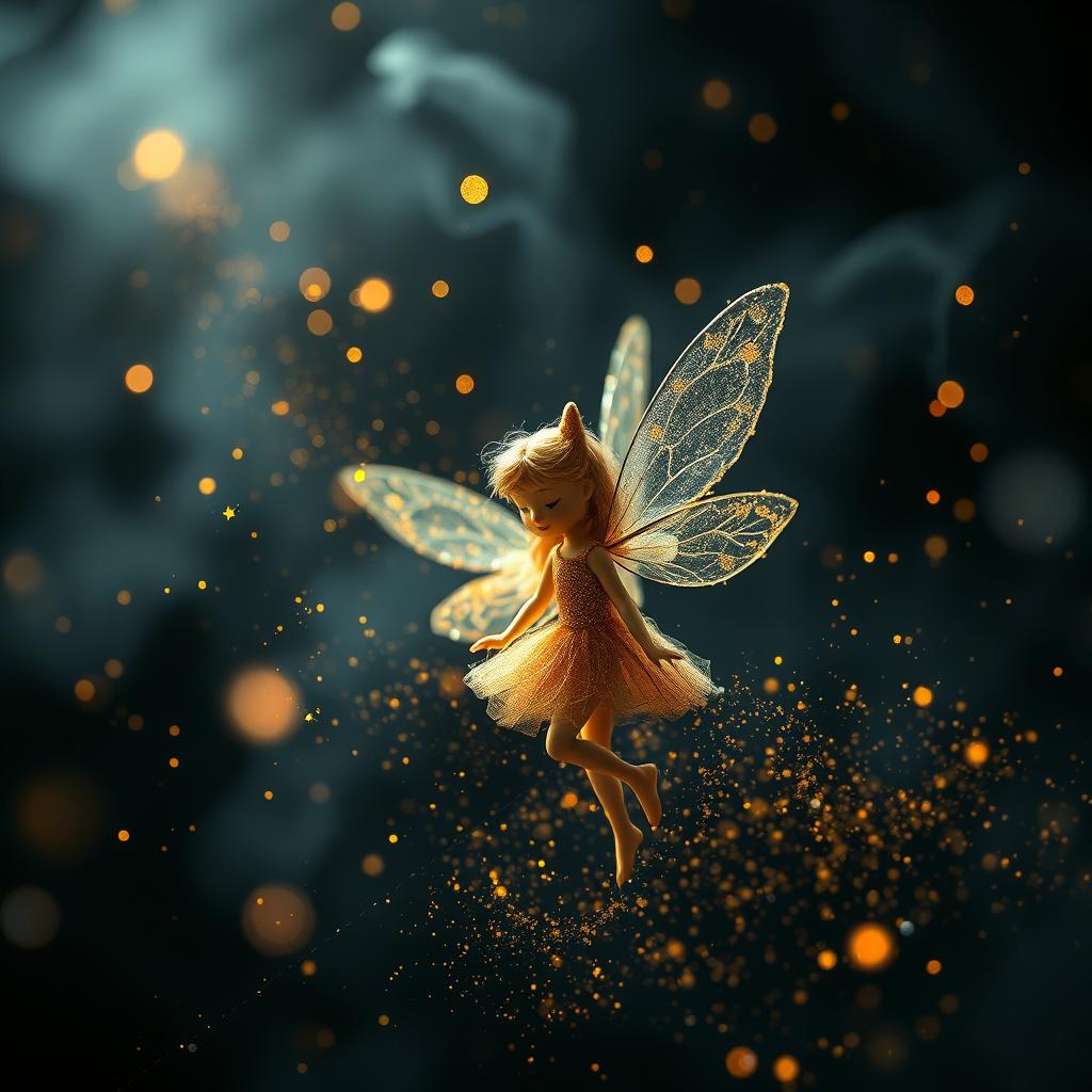 A whimsical fairy scene with mystical dark tones, showcasing glittering and golden fairy dust swirling in the air