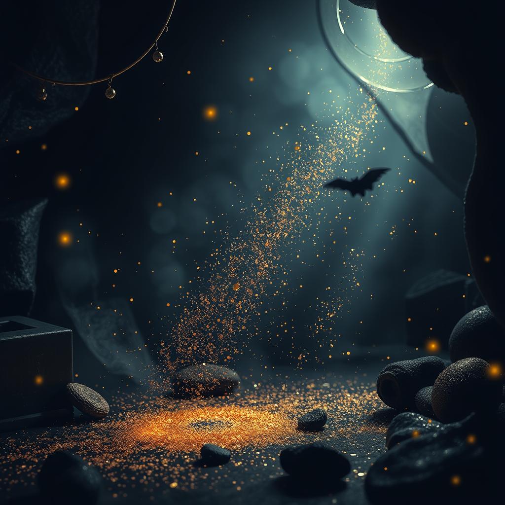 A playful scene filled with mystical dark elements, showcasing glitter and golden dust sparkling in the air