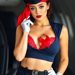A sexy light-skinned flight attendant in a stylish dark blue uniform, featuring a fitted mini skirt and a flight attendant hat