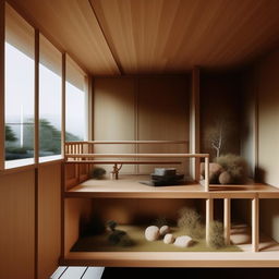 A cross-section photograph of an ultra-detailed, ultra-minimalist Japandi style interior in an editorial context