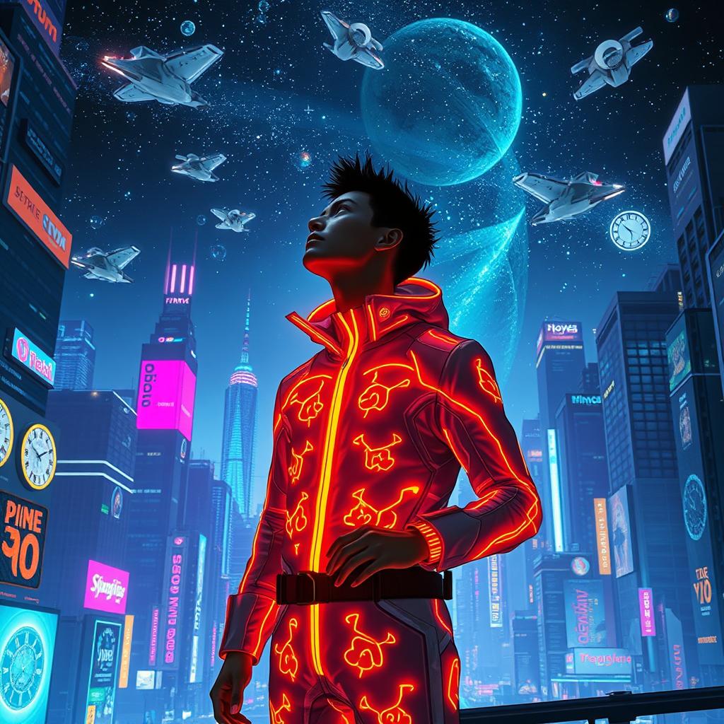 A futuristic scene depicting the concept of life as a mystery, featuring an enigmatic figure dressed in advanced, sleek clothing which glows with neon patterns