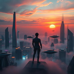 A futuristic scene depicting life as a mystery, with a person standing on a futuristic cityscape