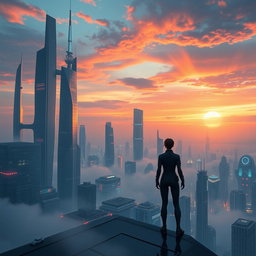 A futuristic scene depicting life as a mystery, with a person standing on a futuristic cityscape