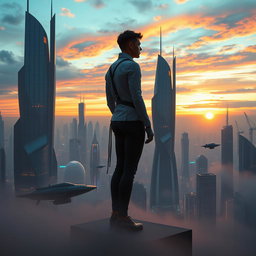 A futuristic scene depicting life as a mystery, with a person standing on a futuristic cityscape