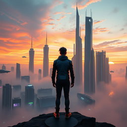 A futuristic scene depicting life as a mystery, with a person standing on a futuristic cityscape
