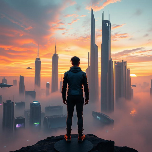 A futuristic scene depicting life as a mystery, with a person standing on a futuristic cityscape