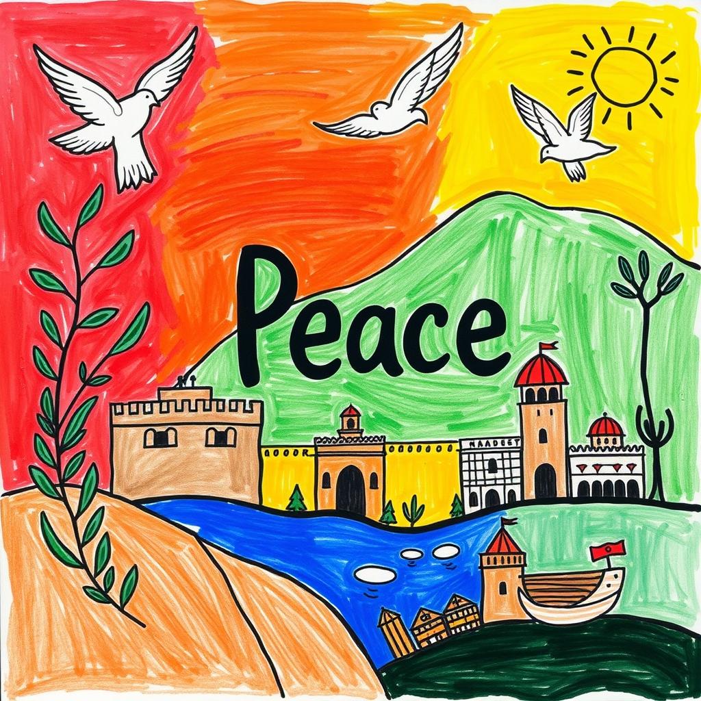 A vibrant and colorful artwork depicting the theme of peace intertwined with the history of Naour, Jordan