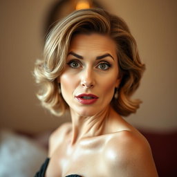 A beautiful 50-year-old woman with a surprised expression, looking directly at the camera