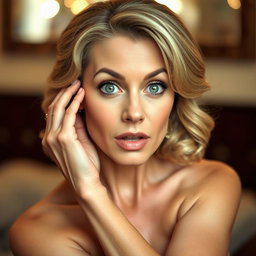 A beautiful 50-year-old woman with a surprised expression, looking directly at the camera
