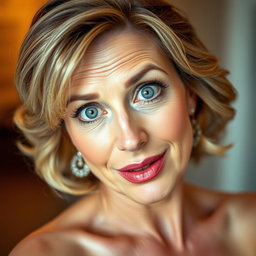A beautiful 50-year-old woman with a surprised expression, looking directly at the camera