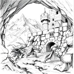 An evocative black and white drawing illustrating dark-skinned elves attacking a dwarven fort nestled in the mountains