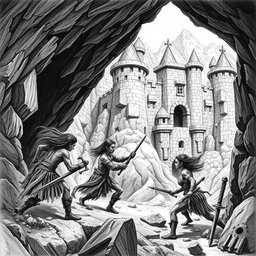 An evocative black and white drawing illustrating dark-skinned elves attacking a dwarven fort nestled in the mountains