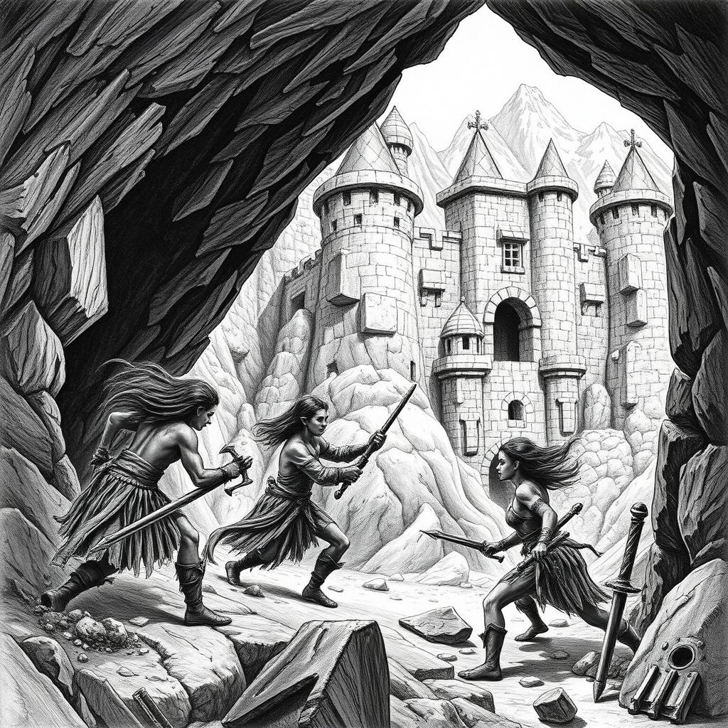 An evocative black and white drawing illustrating dark-skinned elves attacking a dwarven fort nestled in the mountains