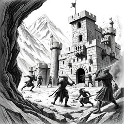 An evocative black and white drawing illustrating dark-skinned elves attacking a dwarven fort nestled in the mountains