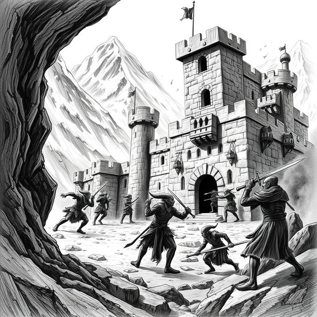 An evocative black and white drawing illustrating dark-skinned elves attacking a dwarven fort nestled in the mountains