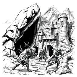 An evocative black and white drawing illustrating dark-skinned elves attacking a dwarven fort nestled in the mountains