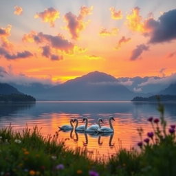 A breathtaking sunset over a serene lake, with vibrant hues of orange, pink, and purple reflecting on the water