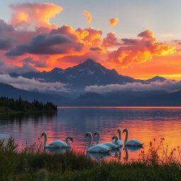 A breathtaking sunset over a serene lake, with vibrant hues of orange, pink, and purple reflecting on the water